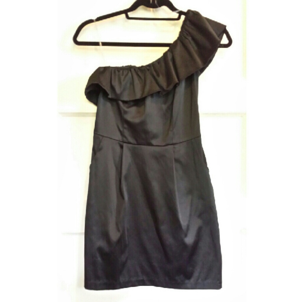Black Satin NYE One Shoulder Mini Dress